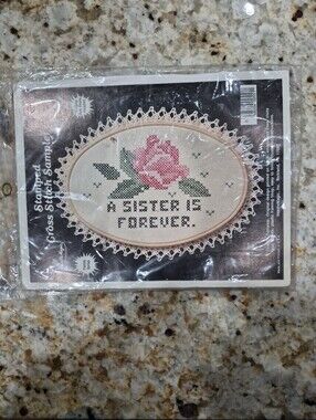 New Vintage Cross Stitch Sampler Kit Stamped In Package Needle Magic Sisters